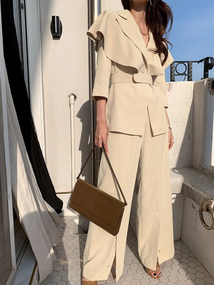 

Korean Fashion Pant Suits Two Piece Set Women Notched Collar Blazer + High Waist Split Wide Leg Pant Office Lady 2 Piece Outfits