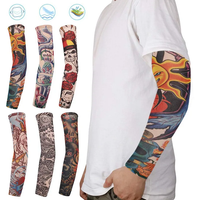 

Перчатки с татуировками для мужчин, велосипедные, для вождения, защита от УФ лучей, уличный чехол для рук, дизайнерский временный рукав с 3D-п...