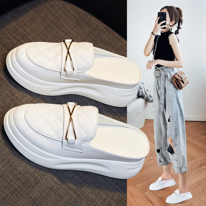 2022 Summer New Leather Thick-soled Increased Semi-slippers Women Lazy Pedal Sandals Women's Casual Loafers Shoes Woman