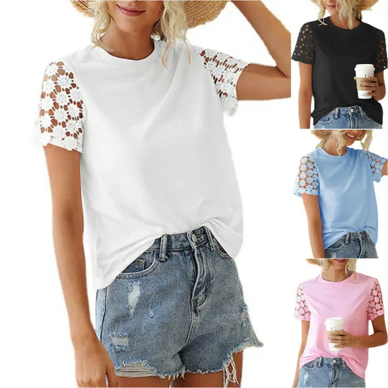 

Lace Hollow Out Short Sleeve T Shirt Womens Top Ladies Round Neck T-Shirt Short Sleeve Tops Tee Summer Woman Tshirts 2021
