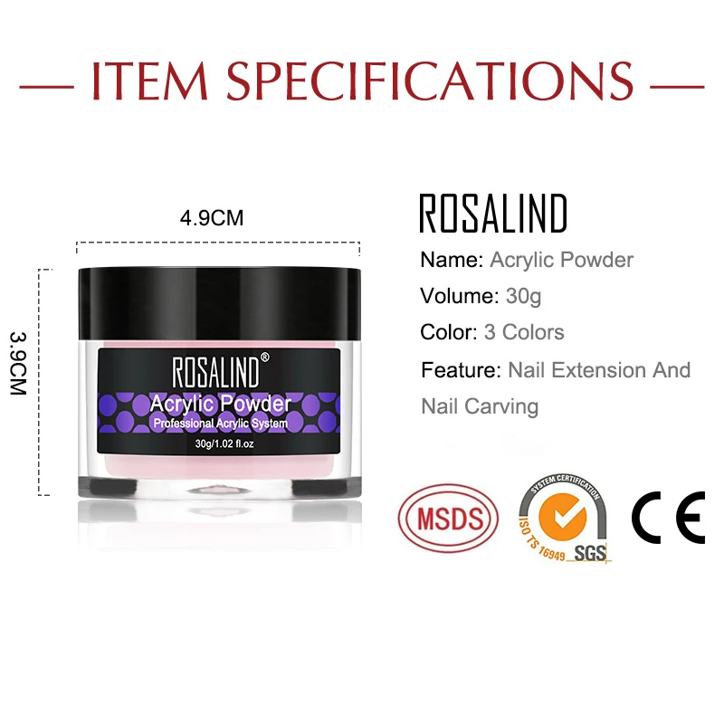 Акриловая пудра ROSALIND 30 г для дизайна ногтей набор маникюра с акриловым водным