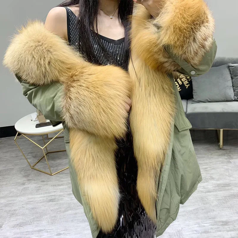

Зимние импортные женские парки из цельной кожи с красным лисьим мехом, уличная одежда, женские парки, пальто из натурального меха, Роскошная Одежда
