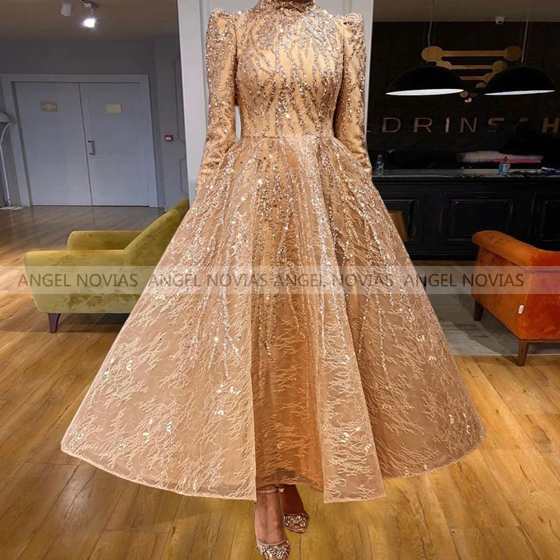 

Long Sleeves High Neck Arabic Ankle Length Lace Evening Dress 2021 Silver Bead Abendkleider Prom Party Gown vestido de noche