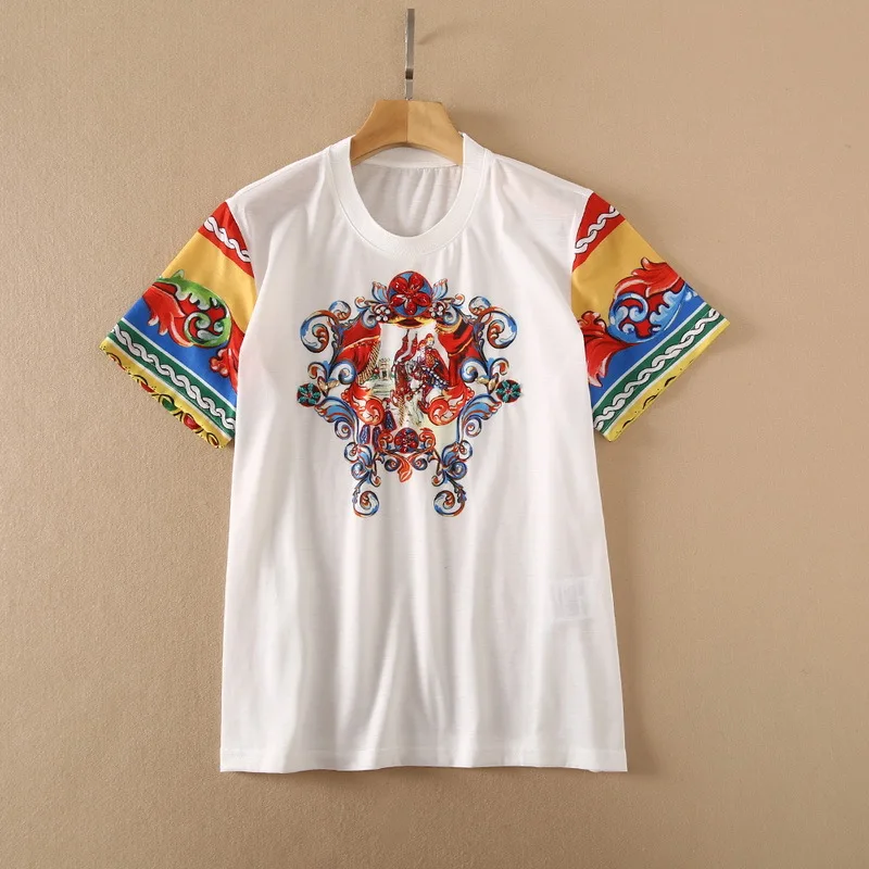 

Europe and the United States women's clothing New Summer 2021 Short sleeved beaded court printed fashion cotton T-shirt