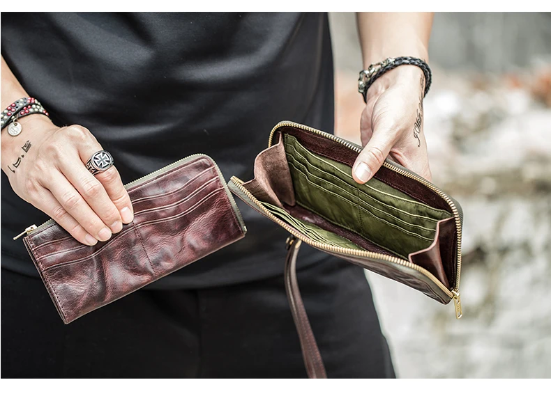 High Quality Vintage Real Cowhide Men Wallet Cash Purse Zipper Modern Stylish Male Long Day Clutches Wristlets Wallet Card Case