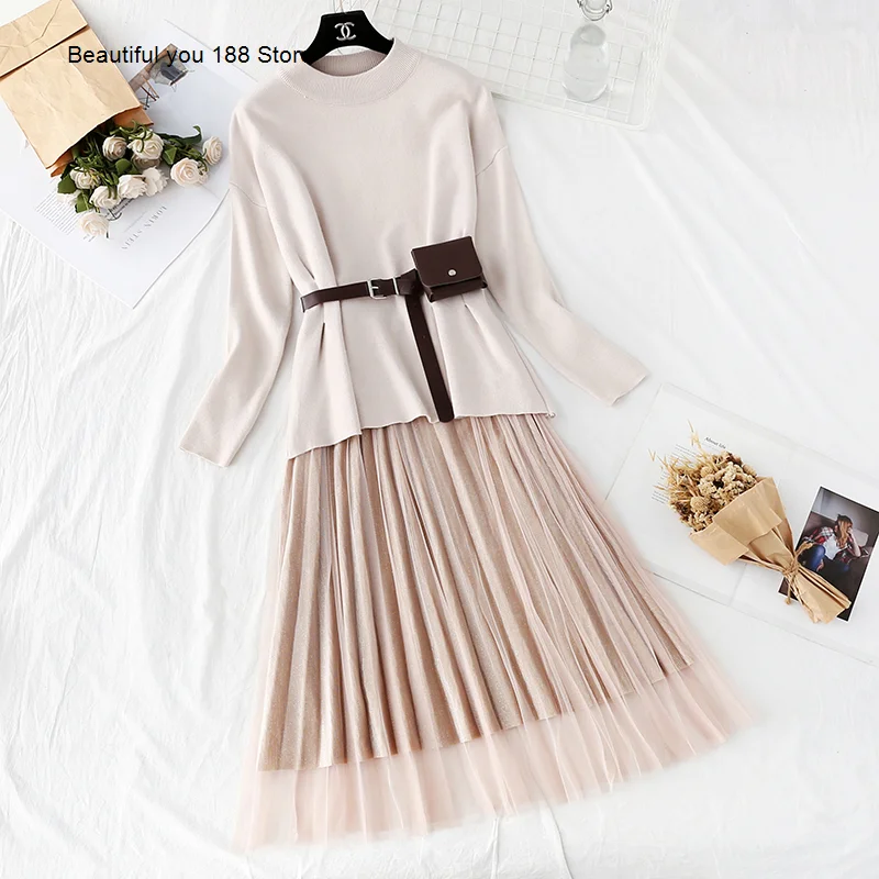 Новинка женское вязаное платье осень 2020 свитер плиссированная юбка модная из