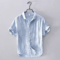 men short sleeve single breasted turn down collar high quality linen shirts japan slim fit casual minimalist business style tops