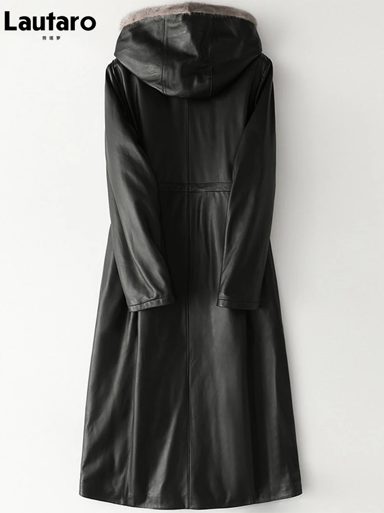 Lautaro Зимнее длинное теплое толстое черное кожаное пальто для женщин с мехом
