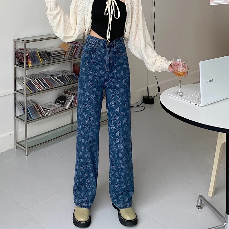 

Autumn New Flower Full Pattern Vintage Washed Women's Straight-Leg Jeans Loose High-Waisted Fashion Wide-Leg Denim Trousers