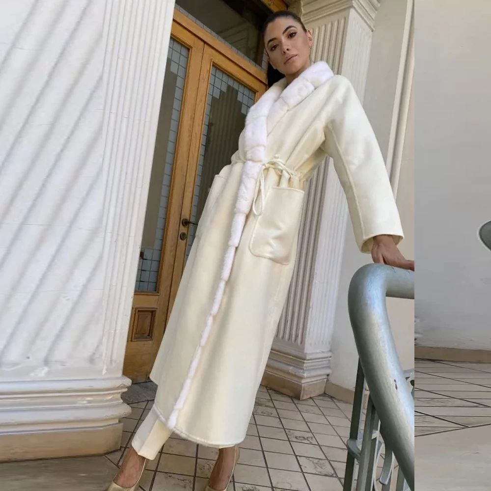 2022 Winter Women Natural Wool Blends Coat with Long Mink Fur Collar High Quality Whole Skin Genuine Mink Fur Cashmere Coats