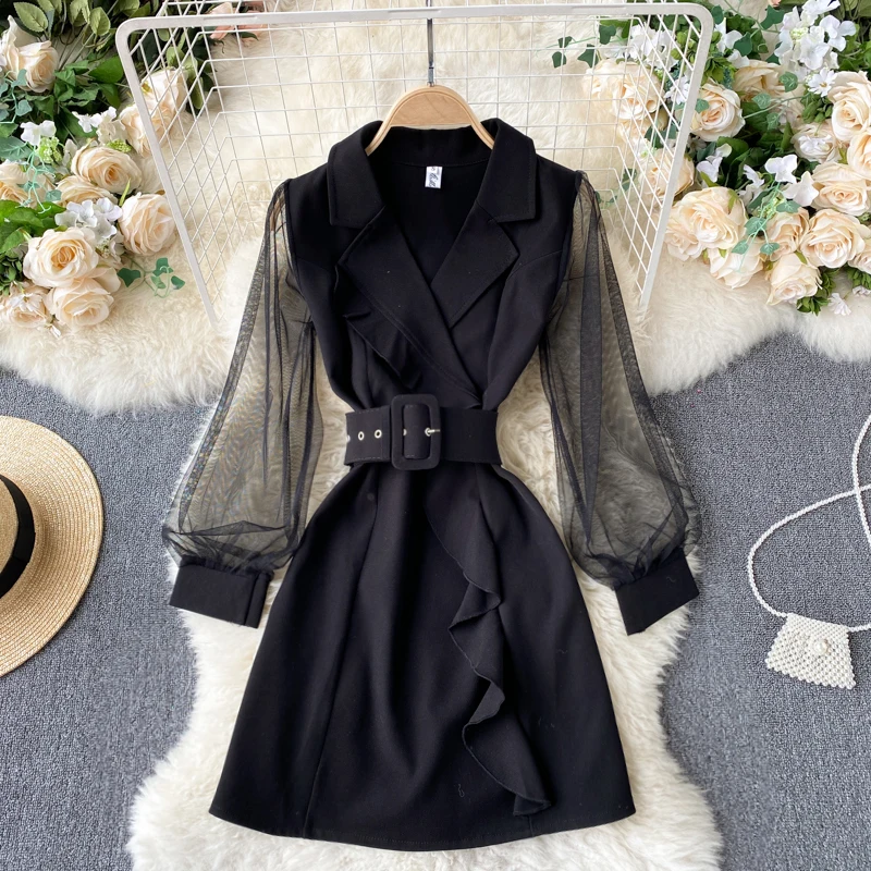 

Elegant Lady Office Clothes 2022 Spring Summer See Trough Mesh Patchwork Puff Sleeve Nothed Collar Vintage Women Short Dress