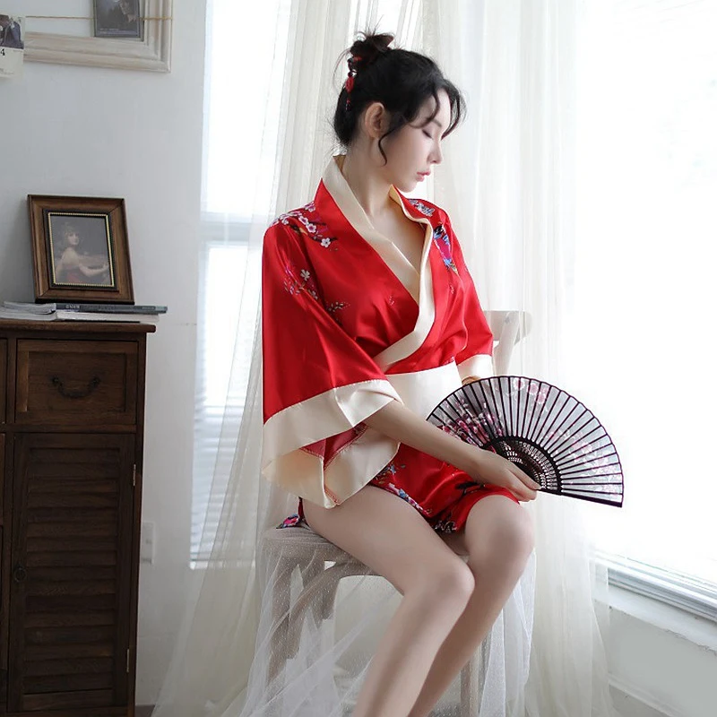 Женское атласное кимоно с цветочным принтом шелковое сексуальное нижнее белье