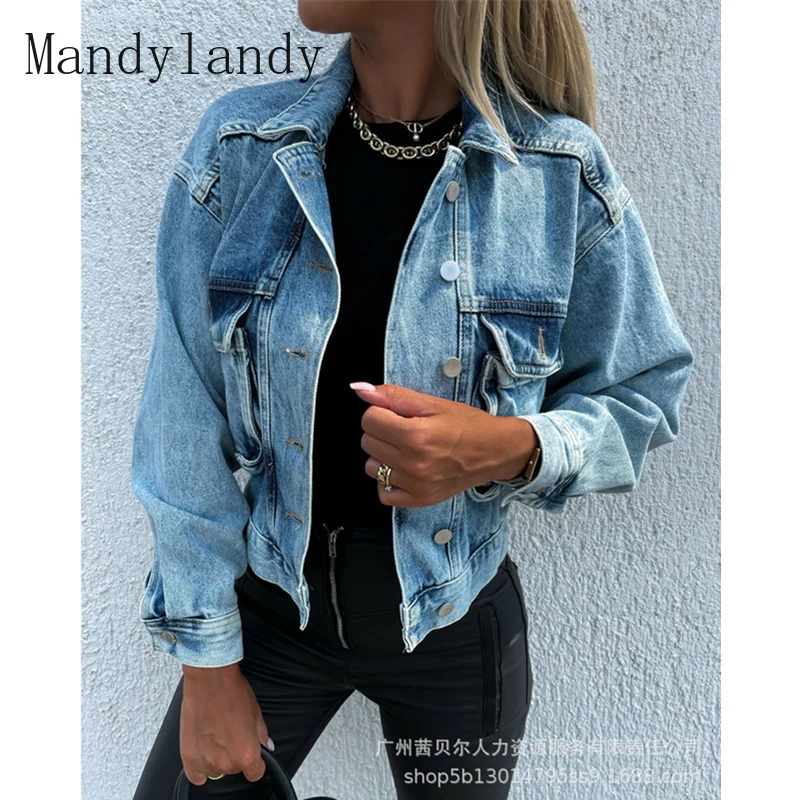 

Mandylandy Women Denim Jackets Vintage Casual Coat Female Jean Jacket for Outerwear Women Basic Coats with Pocket