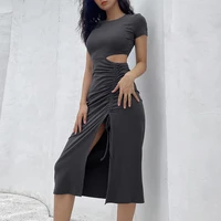 drawstr shirring bodycon dress woman knit hollow out sexy short sleeve package hip split fork long dress winter party dresses