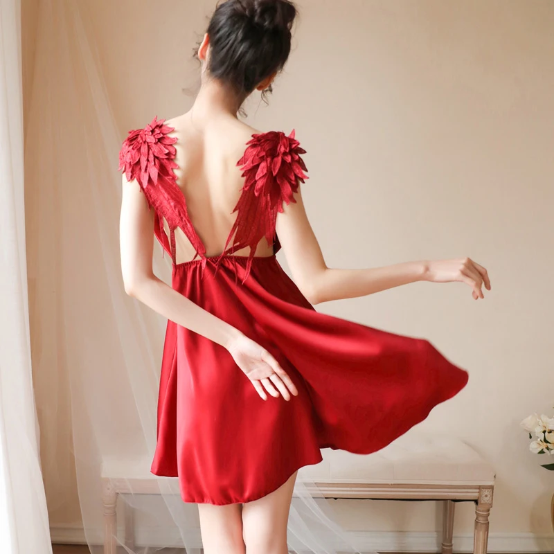 Сексуальный мусс слинг Женская одежда для сна атласная Вышивка Глубокий v