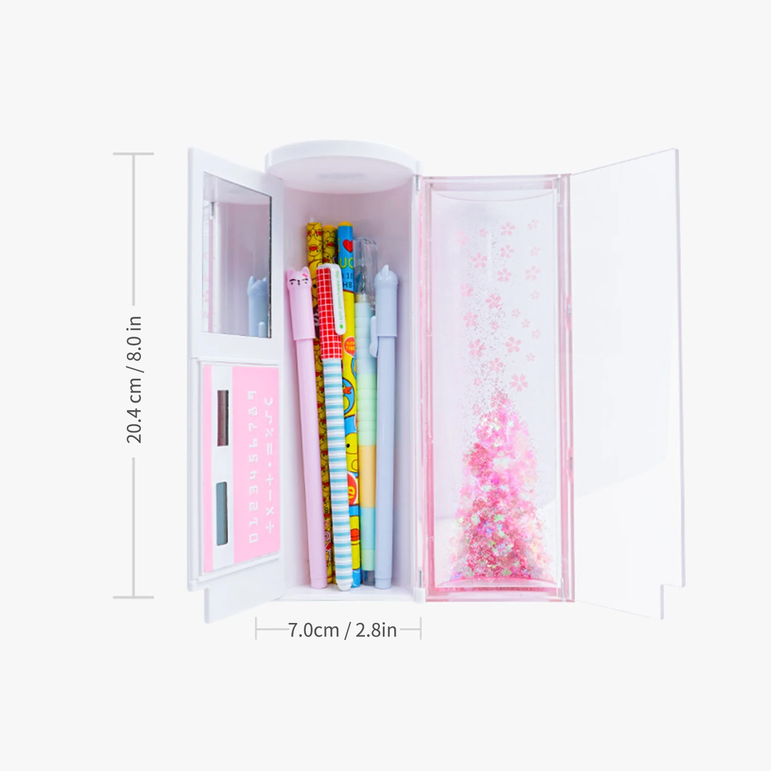 

Multi-functional Quicksand Pencil Pattern Large Capacity Pen Holder with Mirror Solar Energy Calculator Stationery Storage Box