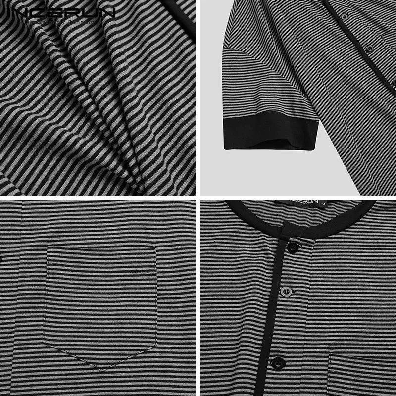 

Man Fitness Button Romper Sleepwear Playsuit INCERUN Fashion Striped Jumpsuit Pajamas Men Short Sleeve O Neck Casual Onesies 5XL