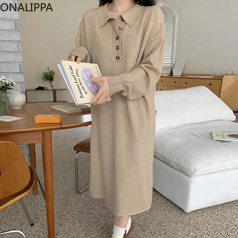 

Вязаное платье ONALIPPA в Корейском стиле, шикарное повседневное однобортное свободное универсальное платье средней длины с отложным воротник...