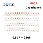 100 шт., многослойный керамический конденсатор 0603 SMD Chip, 0,1 пФ-22 мкФ Ф 10 пФ 22 ПФ 2,2 ПФ 1 нФ 10 нФ 15 НФ 4,7 НФ мкФ 1 мкФ 10 мкФ Ф 22 мкФ