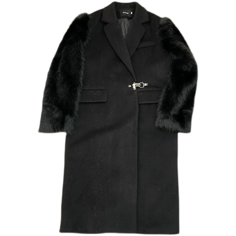 

ZCSMLL Winter 2021 Lapel Furry Long-sleeved Metal Buckle Temperament Plus Cotton Mid-length Woolen Coat Women Black Trench