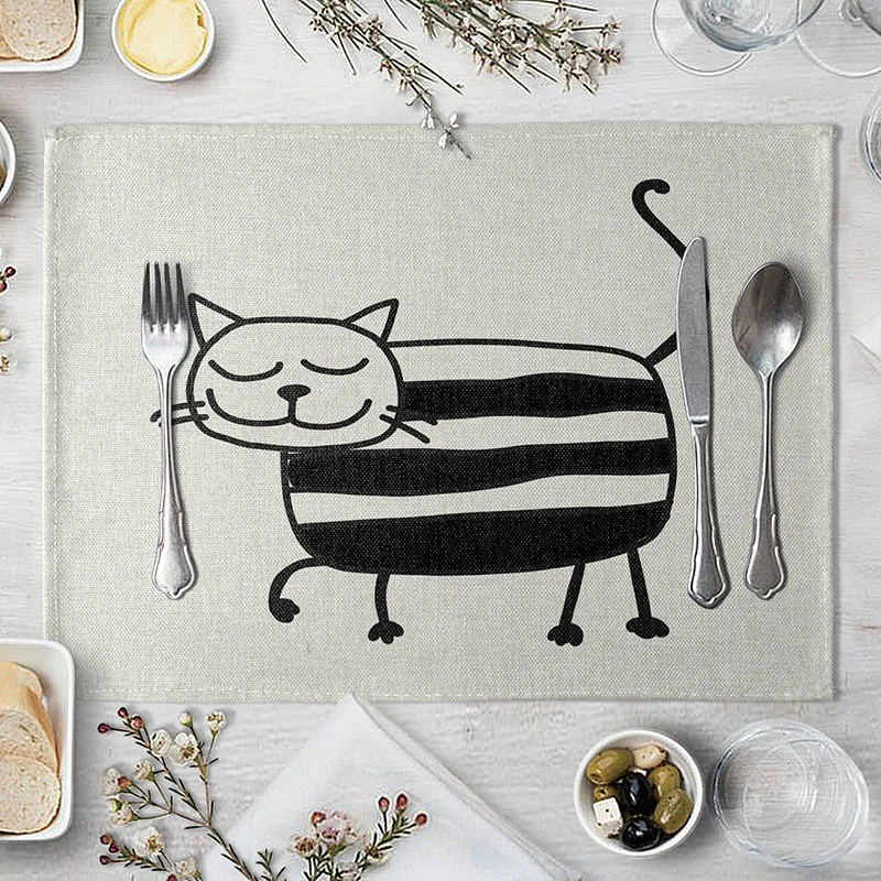 Подставка под столовую посуду с милым рисунком кошки черные и белые льняные