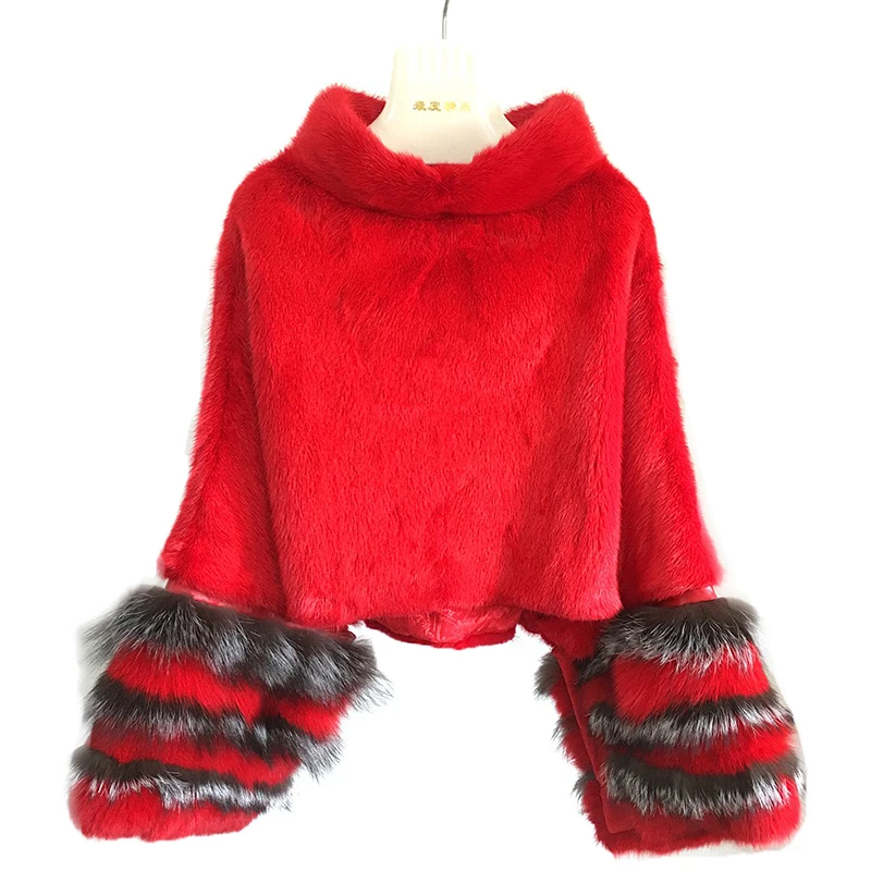 Роскошное Женское пальто из натурального меха норки с манжетами Лисьего женское