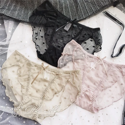 Women's Sexy Lace Underwear Panties Girly Cute Polka Dot Ruffled Cotton Panties Elastic Thin Translucent Low-waist Women Panties