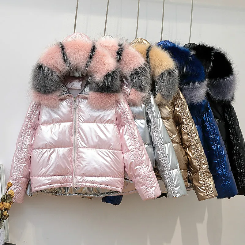 

Winter Short Puffer Jacket Women Large Faux Fur Collar Bright Side Hooded Cotton Padded Overcoat Loose Street Bread Outerwear
