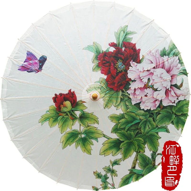 

JPY Snow White Bottom Flower Blossom Oil Paper Umbrella Pink Peony with Green Leaf Paper Parasol Purple Butterfly Delicate Umbre