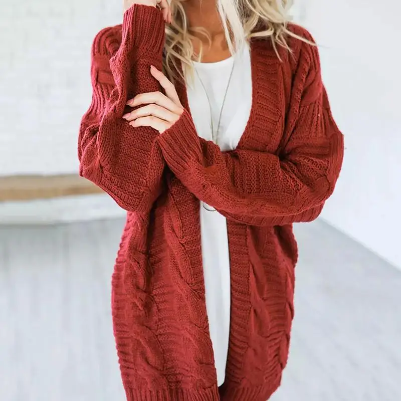 Женский трикотажный кардиган с длинным рукавом однотонный красный карманами