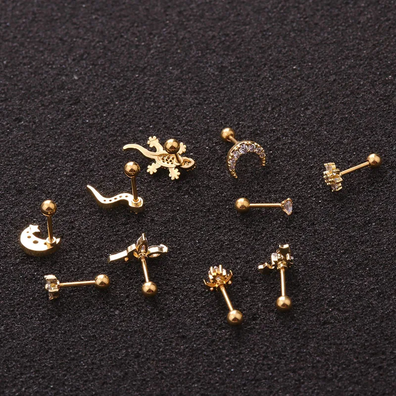 

New Style Stainless Steel Ear Piercing Stud Cz Snake Lizard Gecko Flower Moon Cartilage Helix Conch Screw Back Earring