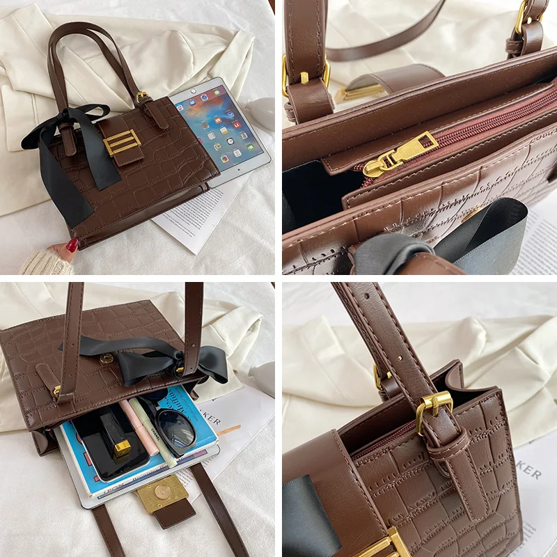 

Elegant Black Stone Women's Tote Bag Luxury Leather Shoulder Bag Scarves Bowknot Satchels Square Hasp Female Handbags Sacs Cabas