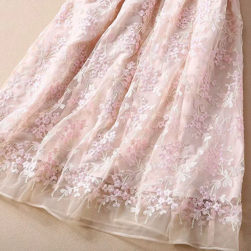 

Top Quality New 2020 Spring Summer Wedding Party Women Allover Tulle Mesh Embroidery Short Sleeve Mid-Calf Sweet Pink Dress