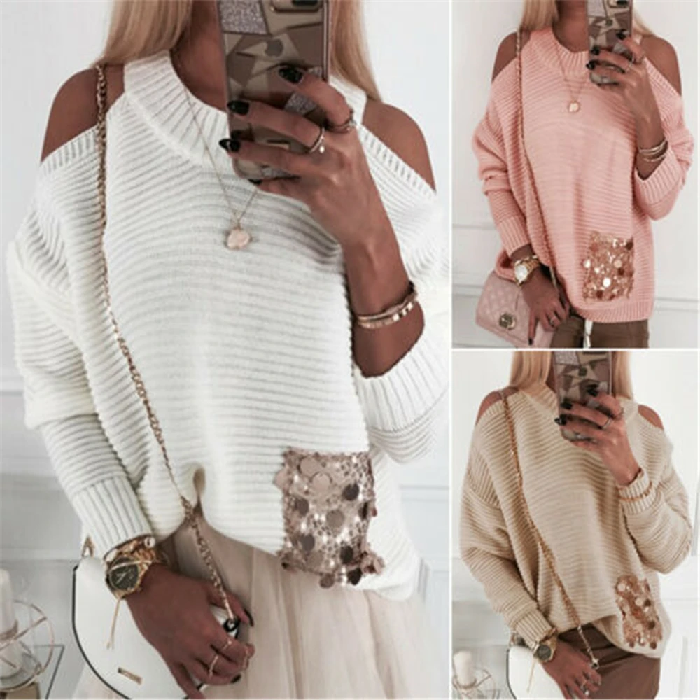 Модные женские осенние пуловеры с открытыми плечами свитер длинным рукавом