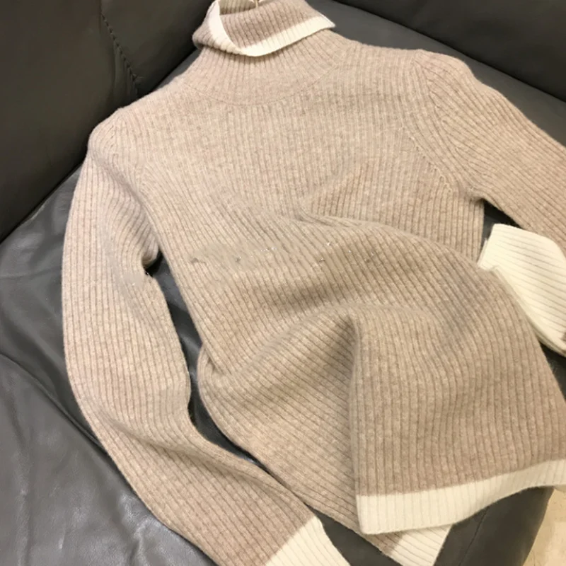 

QVTFTK women's autumn and winter new sweater comfortable large size contrast color vertical strip 100% wool turtleneck pullover