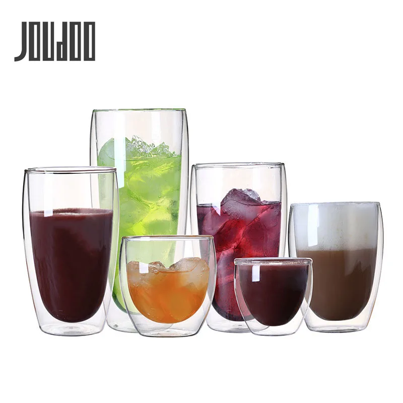JOUDOO 2/4/6/8 шт. термостойкие двойными стенками Стекло чашки 80/250/350/450 мл пива Кофе чашки воды прозрачная чашка 35