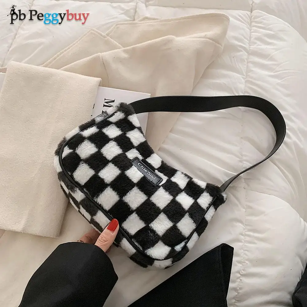 

Women Fashion Shoulder Bag Creative Lattice Contrast Color Underarm Bags Ladies Small Plush Handbags Supplies