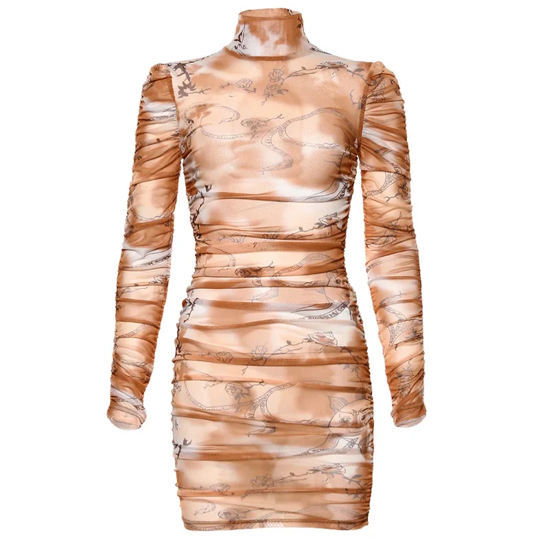 

Hollow Out Slim Lace Pencil Dress Long Sleeve Printed Half High Collar Autumn Sexy Club Khaki Mini Dresses Patchwork Streetwear