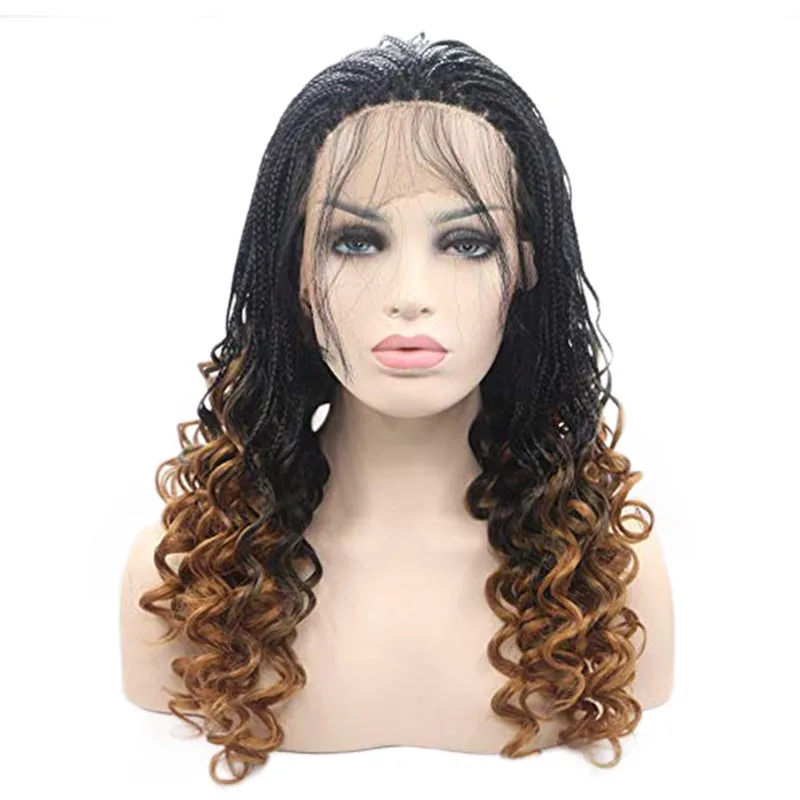 Braided Wig for Black Women Synthetic Lace Front Wig with Baby Hair Curly Wavy Box Braided Wig Curly Tips Wig Braiding Short Wig