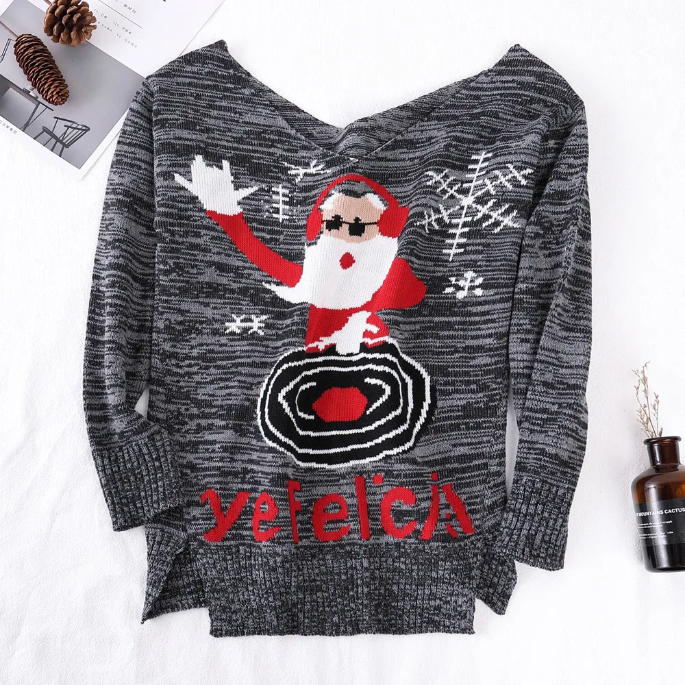 Women Sweater Christmas Long Sleeve V-Neck sexy off shoulder Tree knitting Tops pull femme | Женская одежда