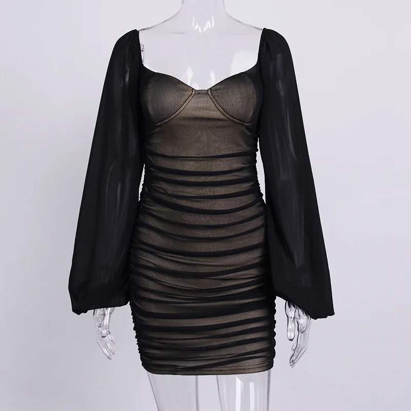 

Mesh Patchwork Lantern Sleeve Mini Dress Women Summer Sexy Backless Square Collar Ruched Bodycon Dress Woman Party Club Dresses