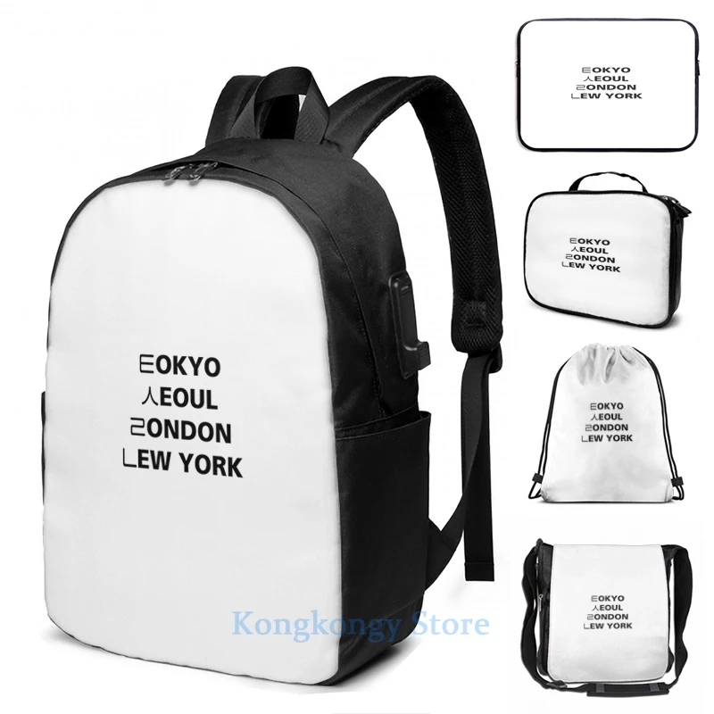 Забавный рюкзак с графическим принтом из сеула Токио Лондон Нью Йорк USB зарядкой
