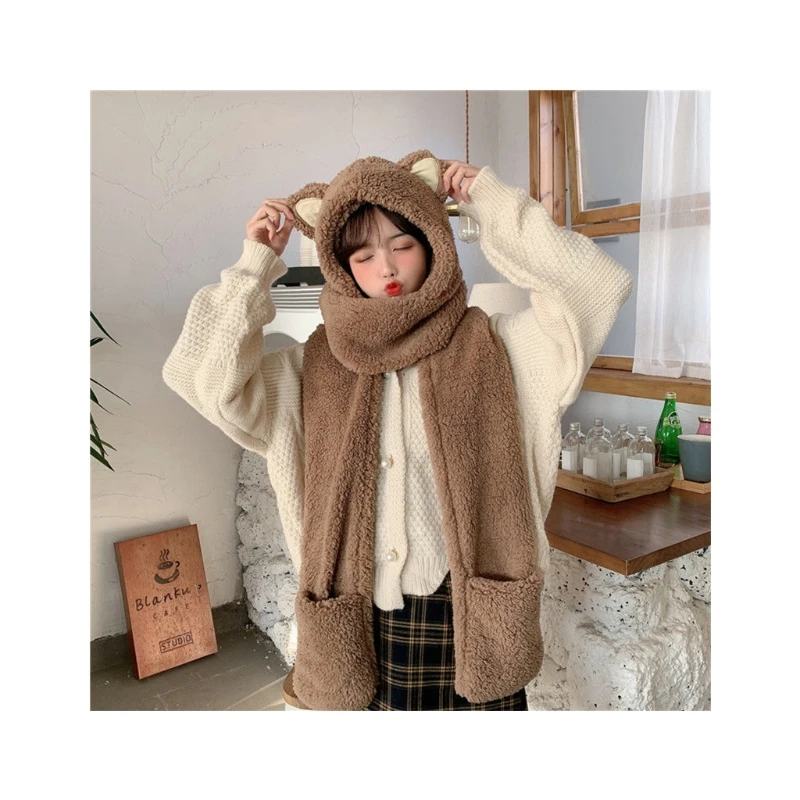 Женский Пушистый Плюшевый теплый комплект 3 в 1 шарф с капюшоном шапка перчатки