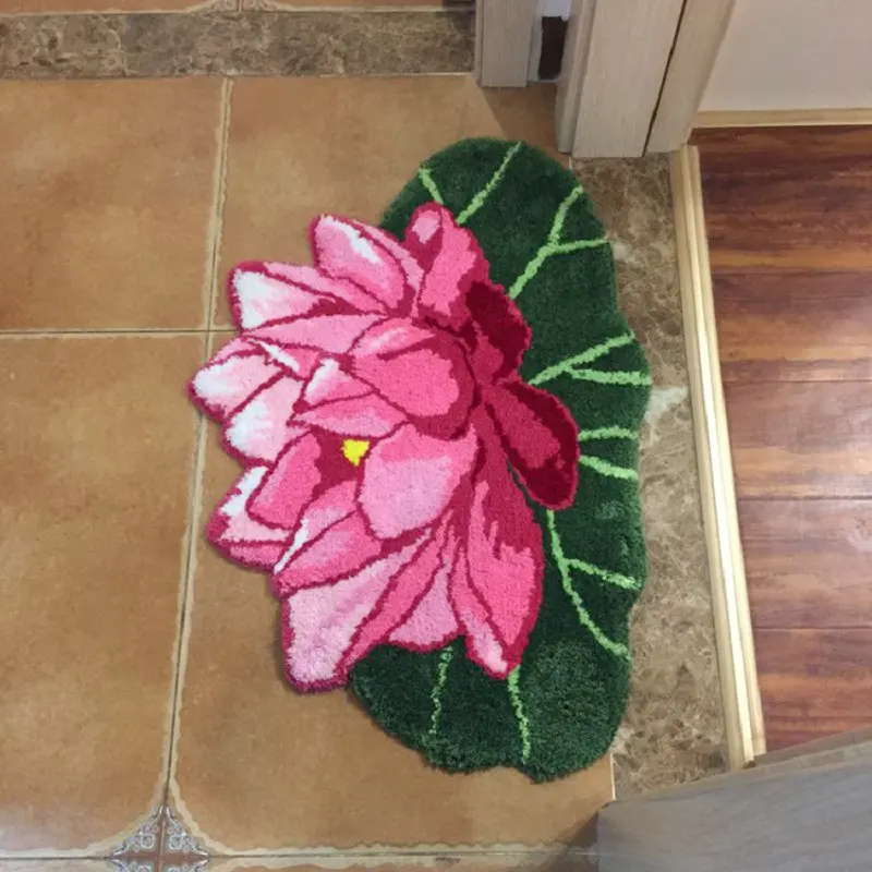 3D Pink Lotus Bath Mats Soft Rug Art Flower Flocking Carpet Non-slip Absorbent Bathroom Floor Rugs Doormat Bedroom Bedside Pad  - buy with discount