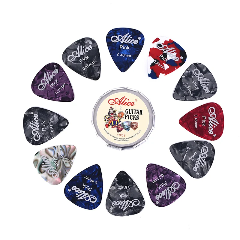 

guitar picks, 12 colorful plectrum in one cute round metal box, acoustic electric musical instrument guitar pick randomclor