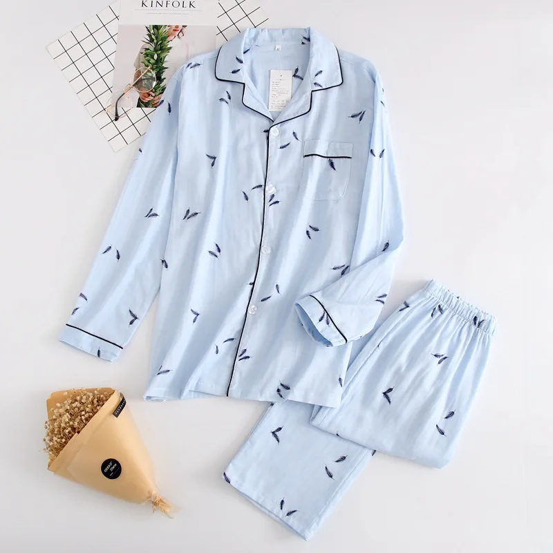 

Korea Fresh maple leaf pajama sets women 100% gauze cotton long sleeve casual sleepwear women pyjamas summer hot sale 2020
