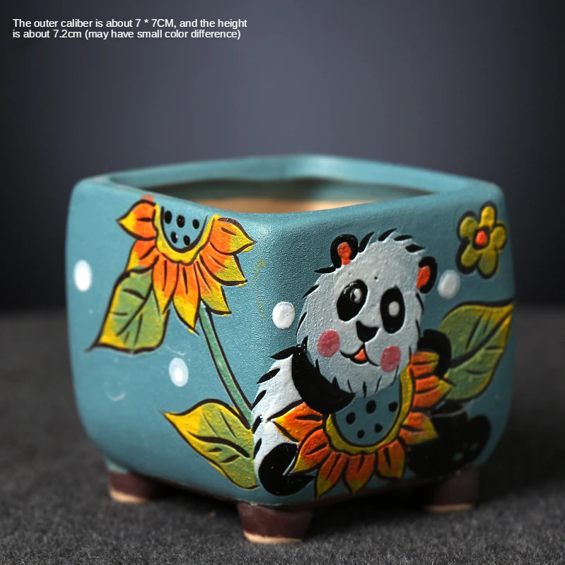 

Cute Panda Flower Pot Ceramics Hand Painted Succulent Plant Small Feet Square Mouth Flower Pot Plant Pots Decorative