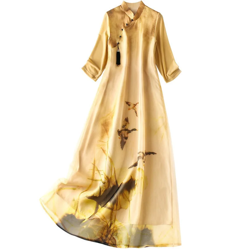 

Платье Летнее шелковое с принтом, длинная юбка из шелка тутового шелкопряда с пуговицами в стиле ретро, 2021