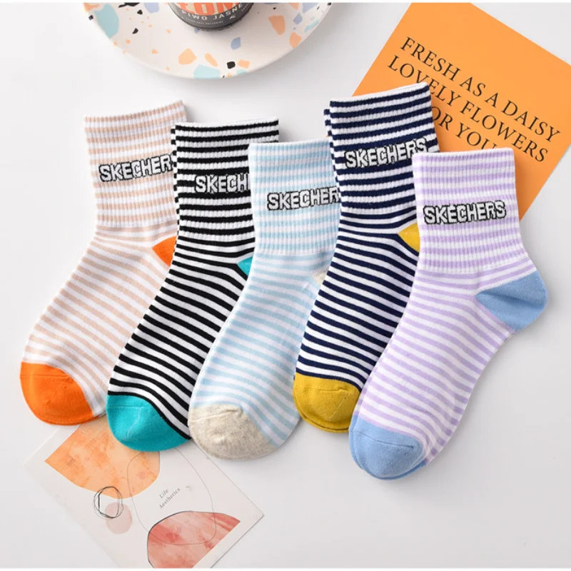 Japanese Style Striped Middle Tube  Socks Women's Cotton Harajuku Letter Purple Black School Long Socks E girl Aesthetic 5 Pairs