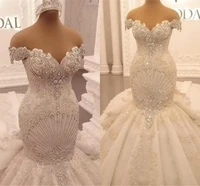 luxury appliques lace mermaid wedding dresses 2021 elegant off shoulder crystal backless ruffles arabic dubai bridal gown